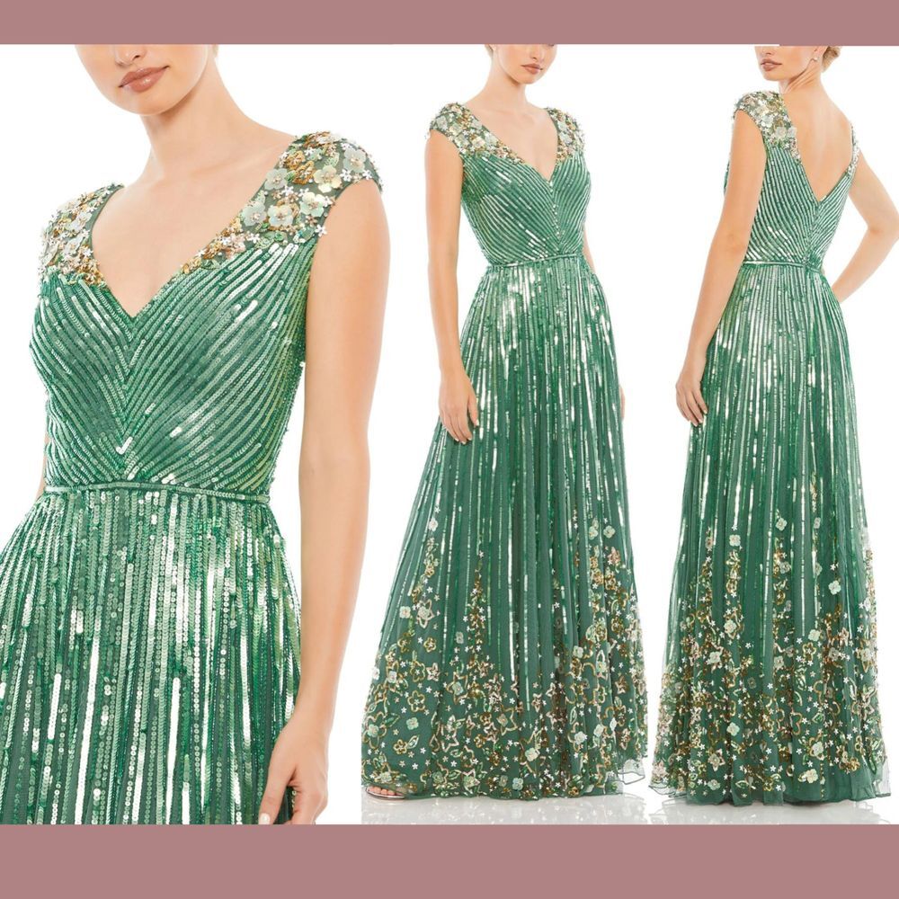 NEW‎ $798 Mac Duggal [ 8 ] Sequin Floral Embellished Evening Gown Sage Green